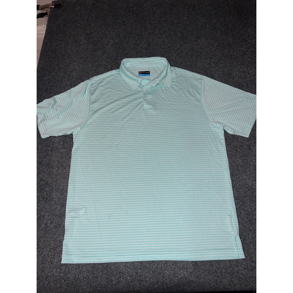 PGA Tour Mens Large Light Blue White Striped Short Sleeve Golf Polo Shirt